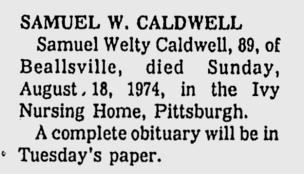Samuel Welty Caldwell obituary